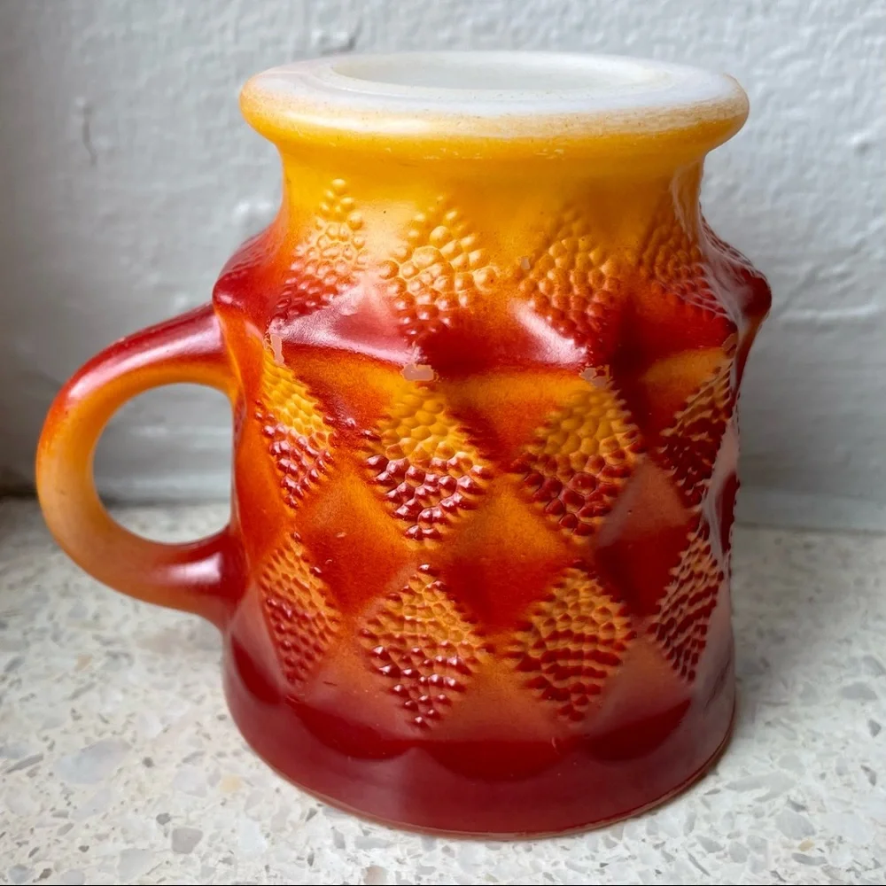 Vintage Fire King Red & Orange Diamond Anchor Hocking Coffee Mug Milk Glass